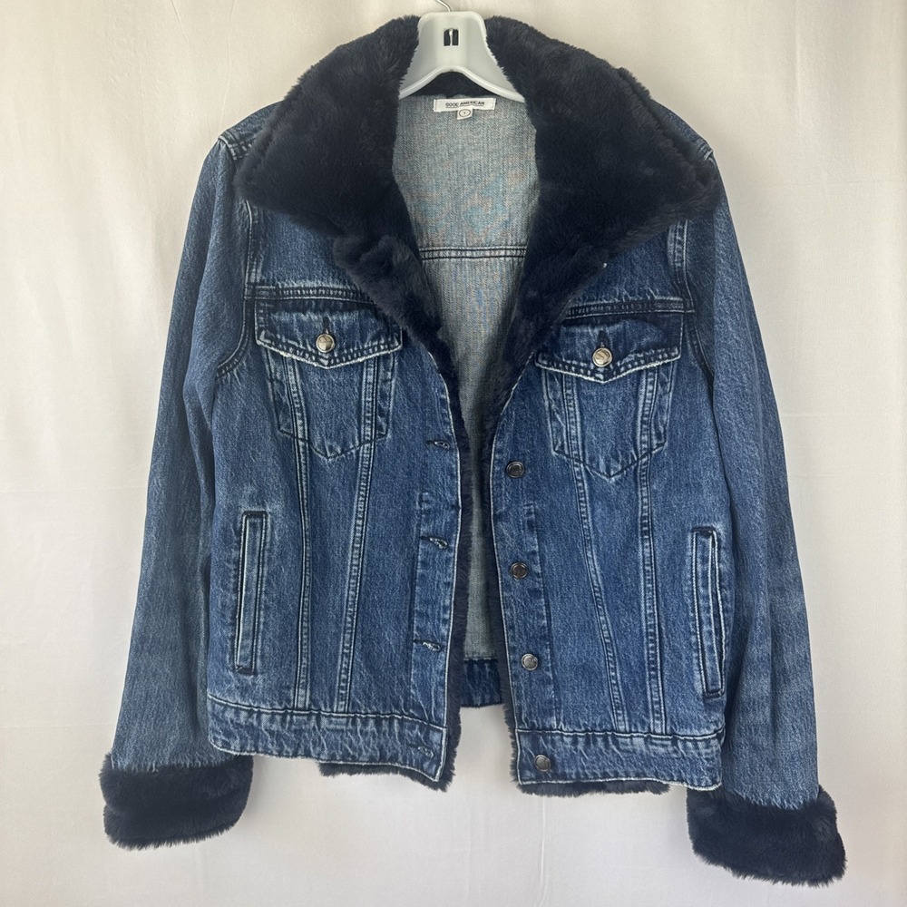 Good American Jean Jacket Women's Sz 1 Button Front Fur Lined Blue Denim NWOT